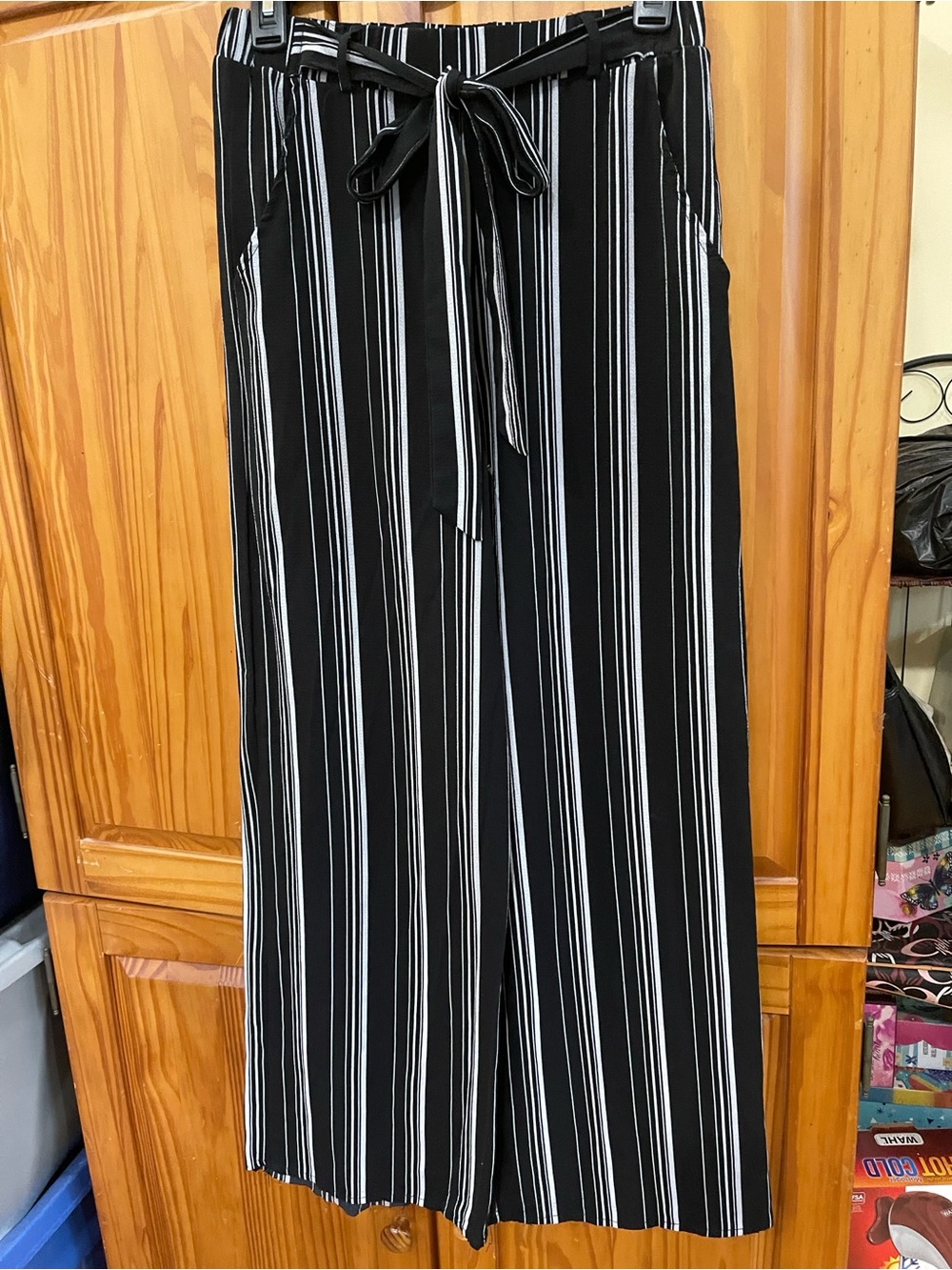 Striped Tie-Waist Wide Leg Pants in Black and White - Picture 2 of 7